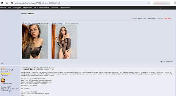 russian scammer girl acts on dating site as a woman from Ukraine. Screenshot from a German anti-scam portal